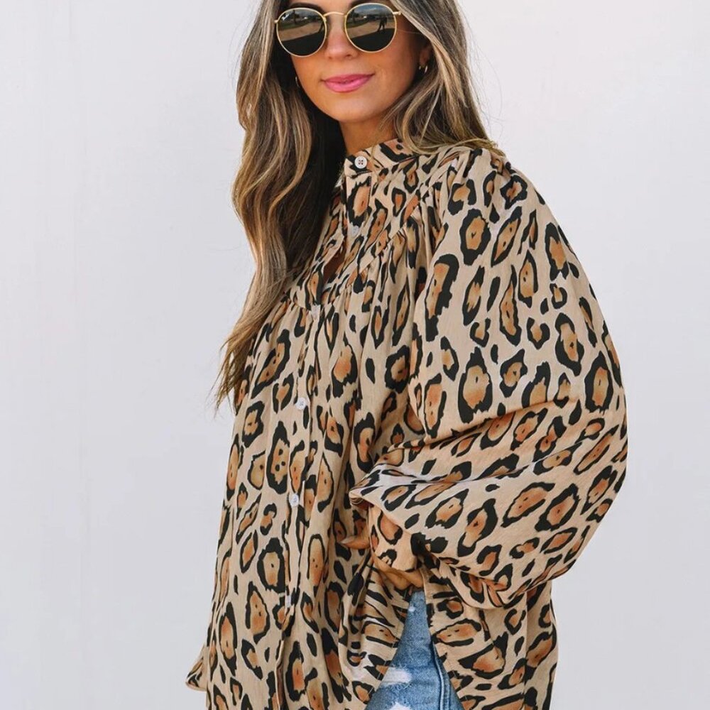 Oversized Balloon Sleeve Leopard Button-Up Blouse - Picture 3 of 5